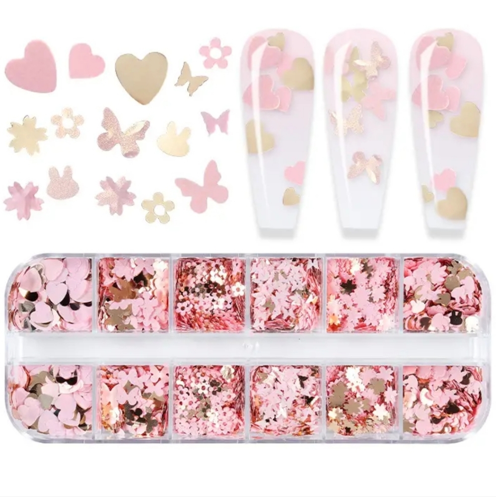 12 Styles/box Sparkling Pink Butterfly Heart Flower Rabbit Nail Art Glitter